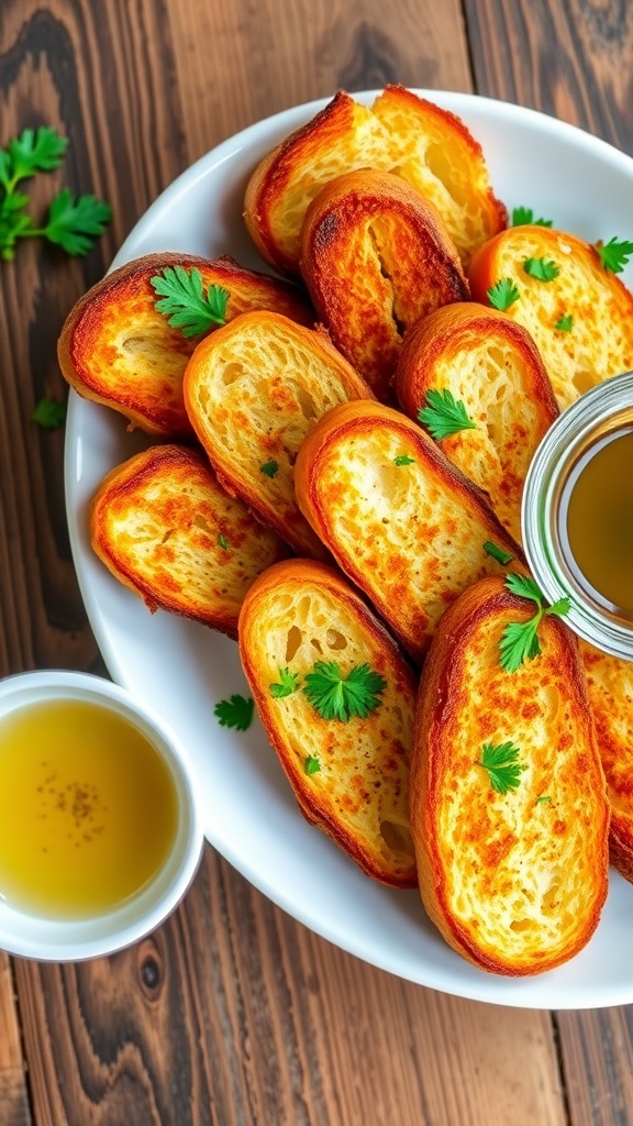 Crispy slices of French bread from the air fryer, garnished with parsley, on a wooden table with olive oil on the side.
